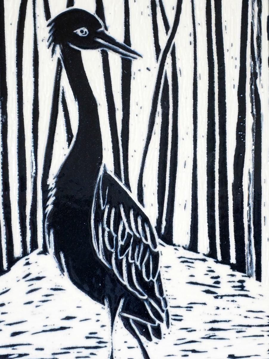 Framed Hand-Carved Great Blue Heron Art Tile picture