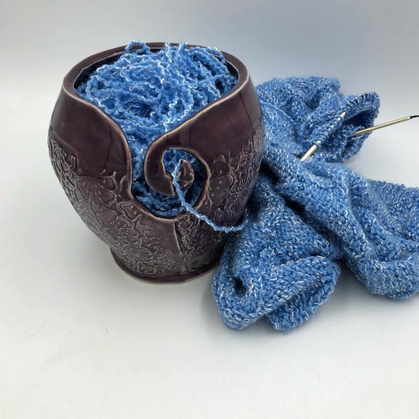 Small Handbuilt Ceramic Yarn Bowl with deep flower texture,