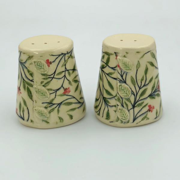 Handmade ceramic salt and pepper set in cute calico floral pattern in pink or blue picture