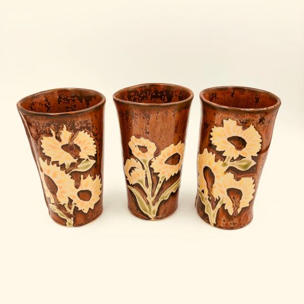 Handmade Tumbler with Sunflowers and Copper Glaze