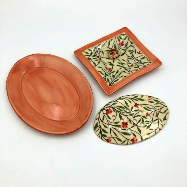 Ceramic soap dish & ring dish set in beautiful floral design and poppy or cobalt glaze picture