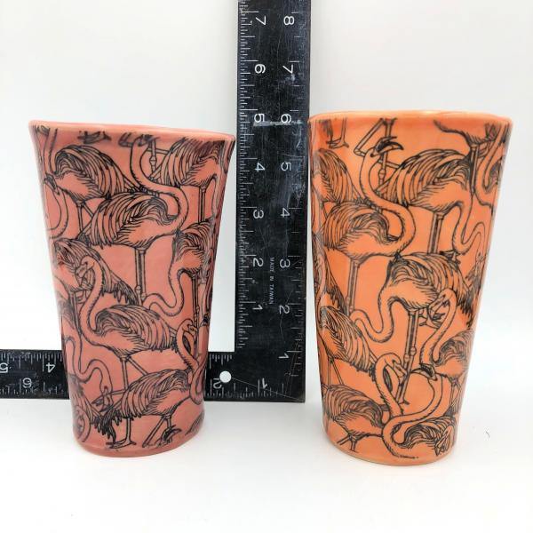 Handmade pottery tumbler, glass or shot glass with fun flamingo design in 3 sizes and 2 colors. picture