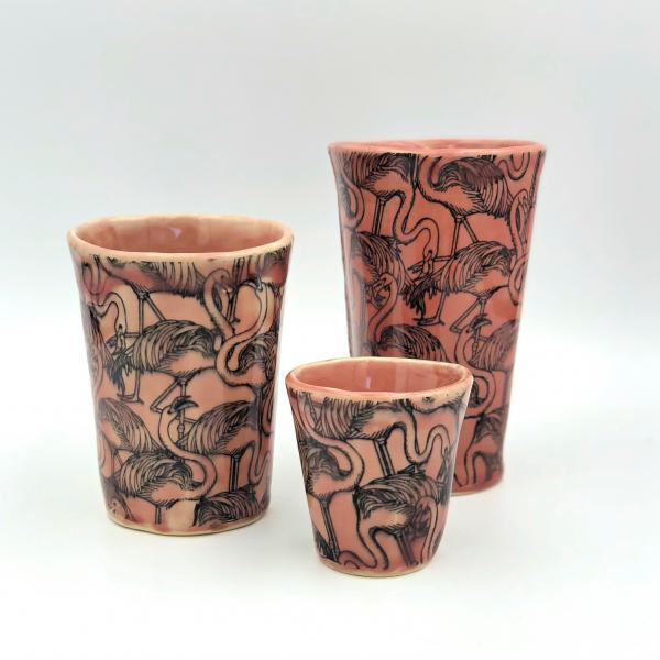 Handmade pottery tumbler, glass or shot glass with fun flamingo design in 3 sizes and 2 colors. picture