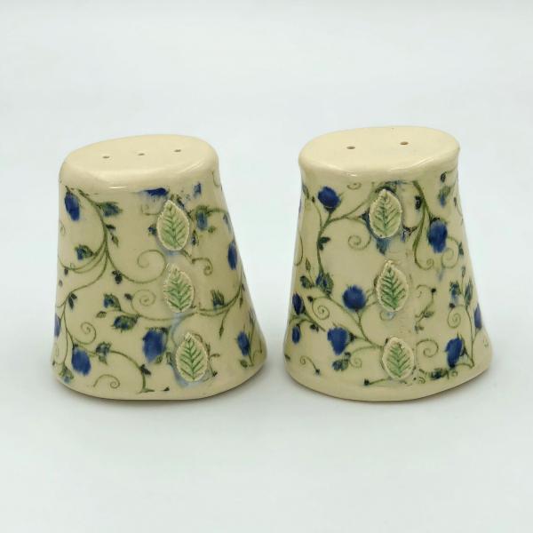 Handmade ceramic salt and pepper set in cute calico floral pattern in pink or blue picture