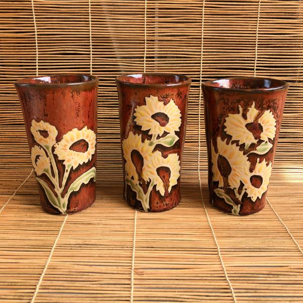 Handmade Tumbler with Sunflowers and Copper Glaze picture