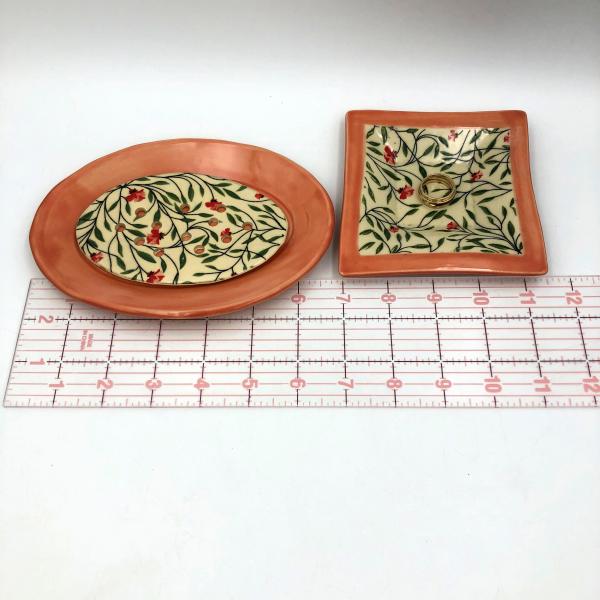 Ceramic soap dish & ring dish set in beautiful floral design and poppy or cobalt glaze picture