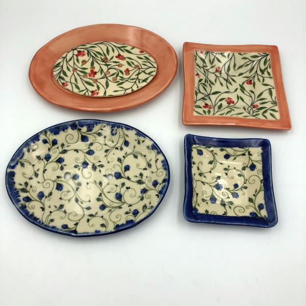 Ceramic soap dish & ring dish set in beautiful floral design and poppy or cobalt glaze