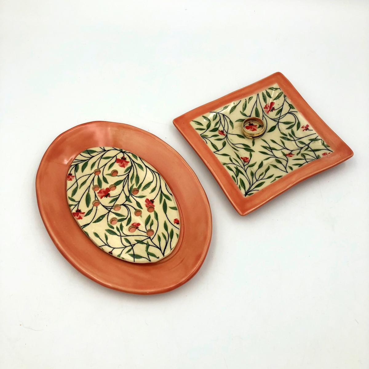 Ceramic soap dish & ring dish set in beautiful floral design and poppy or cobalt glaze picture