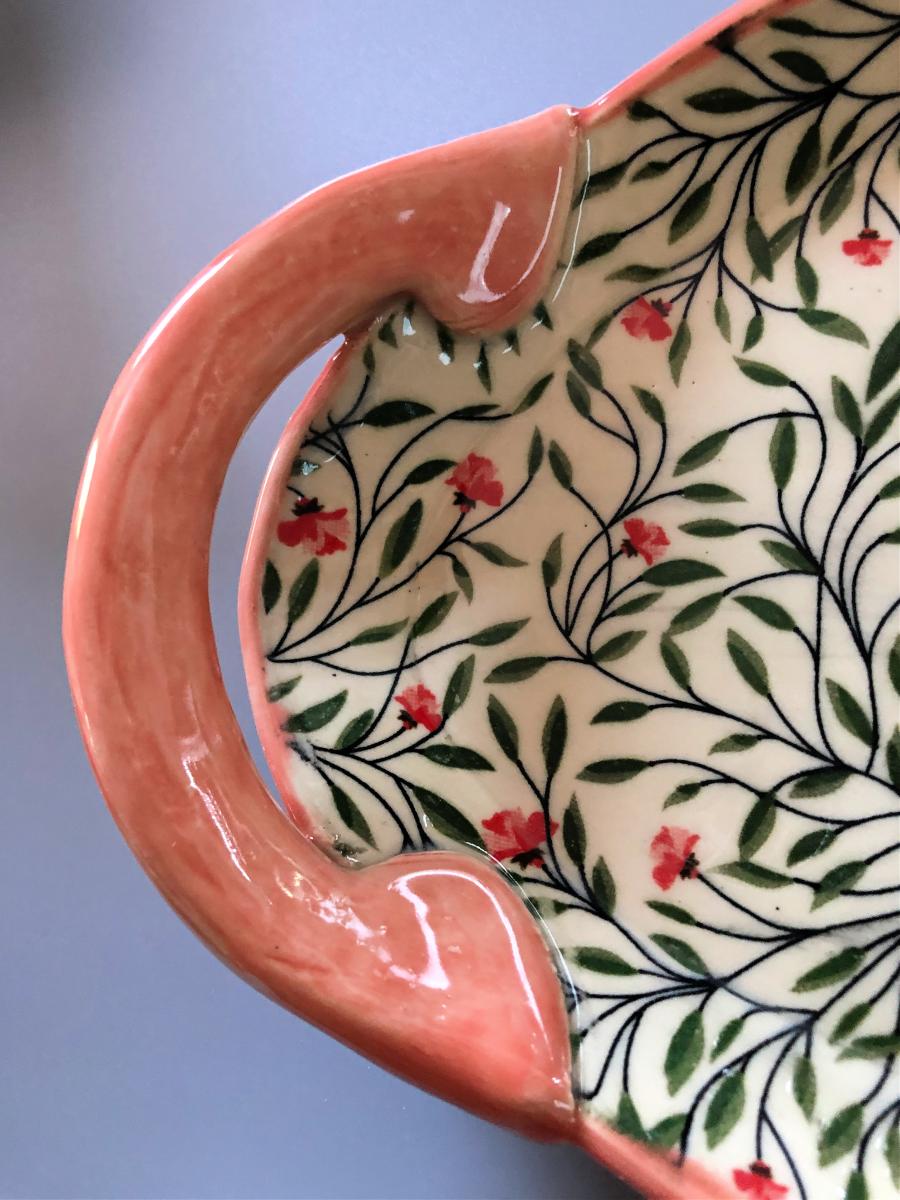 Handmade ceramic serving platter with handles in calico floral print and bright poppy glaze picture