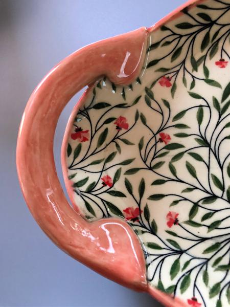 Handmade ceramic serving platter with handles in calico floral print and bright poppy glaze picture