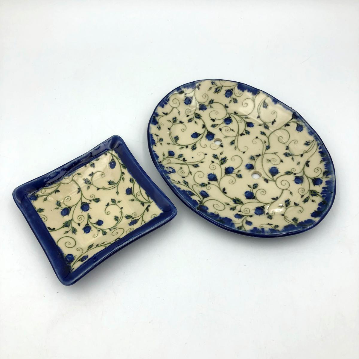 Ceramic soap dish & ring dish set in beautiful floral design and poppy or cobalt glaze picture