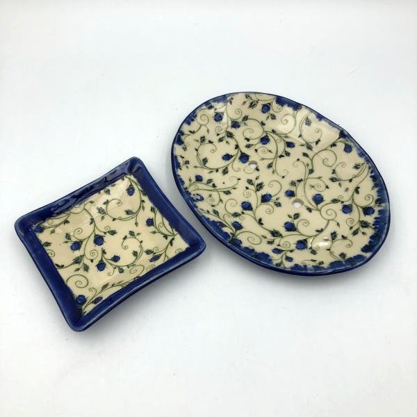 Ceramic soap dish & ring dish set in beautiful floral design and poppy or cobalt glaze picture