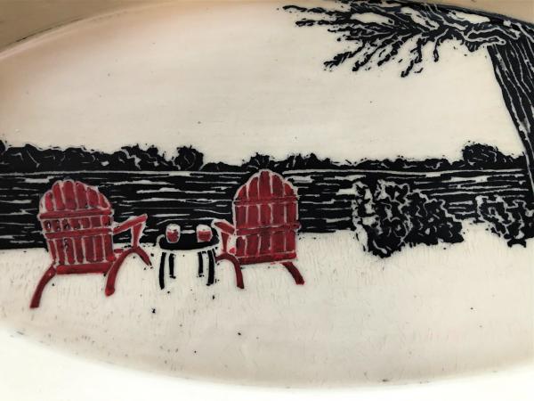 Hand carved, hand painted, hand built, ceramic platter with a pair of Adirondack chairs awaiting you picture
