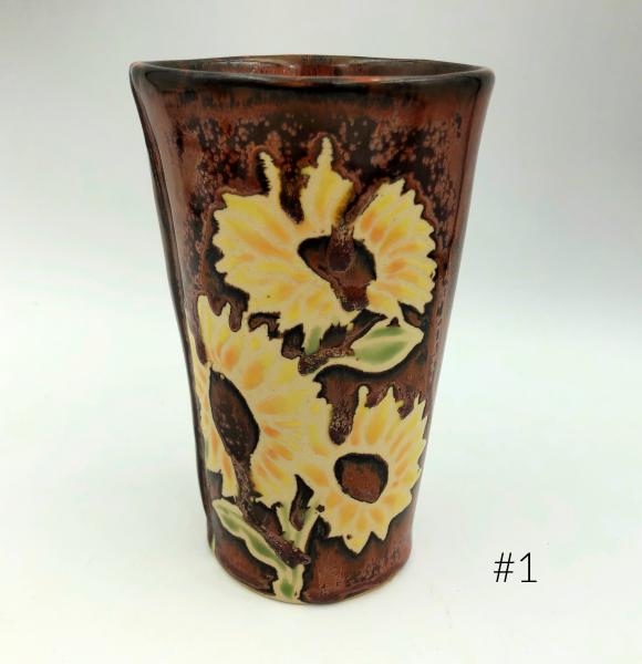 Handmade Tumbler with Sunflowers and Copper Glaze picture