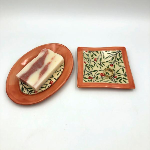 Ceramic soap dish & ring dish set in beautiful floral design and poppy or cobalt glaze picture