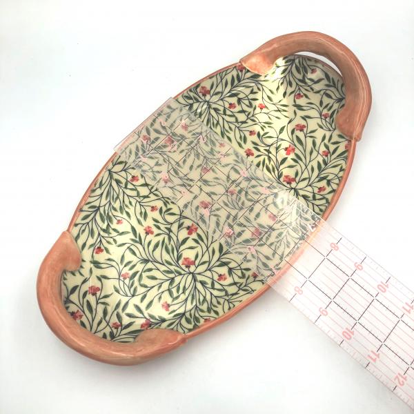 Handmade ceramic serving platter with handles in calico floral print and bright poppy glaze picture