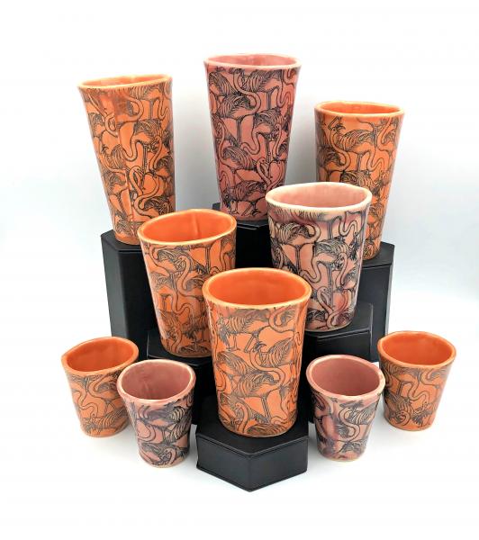 Handmade pottery tumbler, glass or shot glass with fun flamingo design in 3 sizes and 2 colors. picture