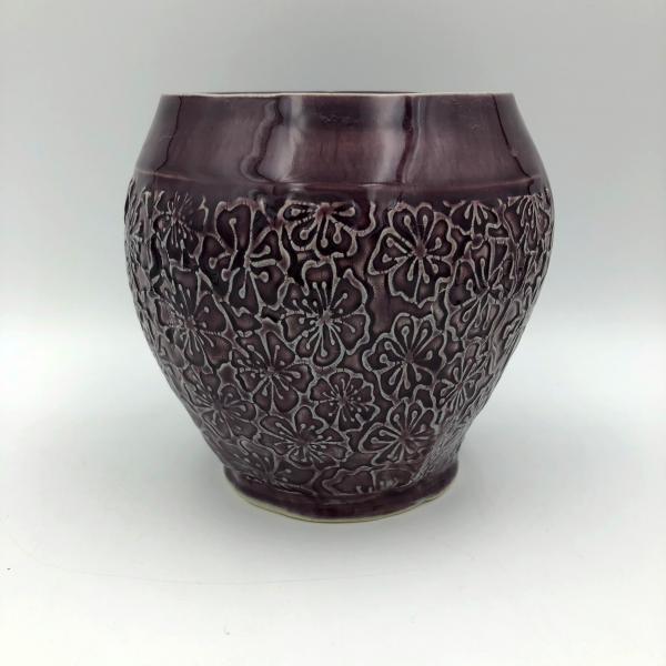 Small Handbuilt Ceramic Yarn Bowl with deep flower texture, picture