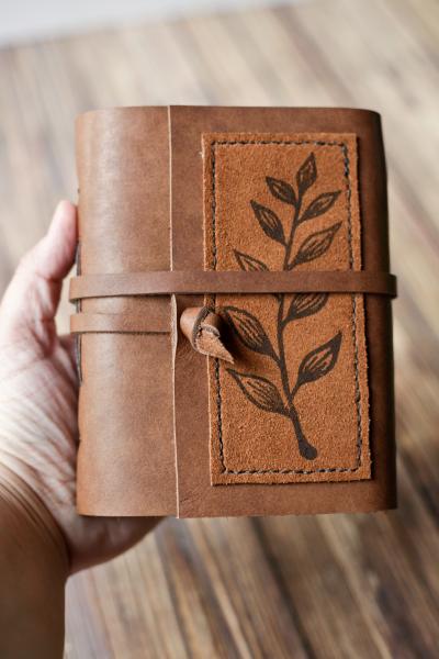 Leather Leaf Print Journal / Brown Leather Sketchbook picture