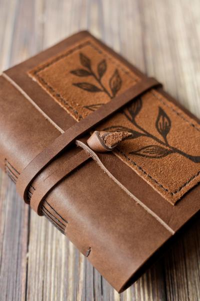 Leather Leaf Print Journal / Brown Leather Sketchbook picture