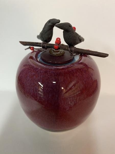 Two Ravens on red jar picture