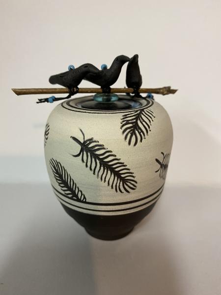 Three Birds on Branch on Feathered Jar picture