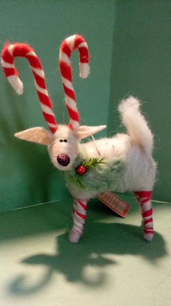 Candycane Felted Wool Reindeer 6" Ornament