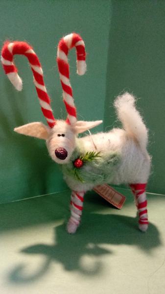 Candycane Felted Wool Reindeer 6" Ornament picture