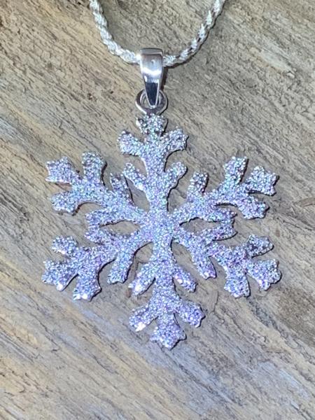 Snowflake Pendant 13/8" Sterling Silver Diamond Pave' Tooled