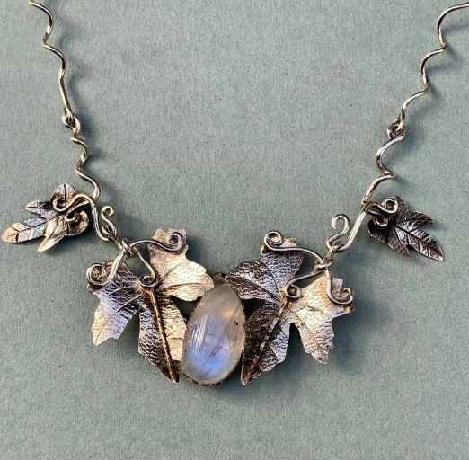 Grape Leaf Necklace Sterling Silver with Rainbow Moonstone picture