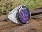 Opal Blue Mosaic Triplet Oval Mans Ring Sterling Silver