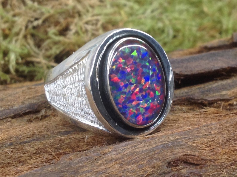 Opal Blue Mosaic Triplet Oval Mans Ring Sterling Silver picture