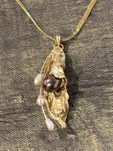 Water Cast 14kt Ravens Wing Pearl pendant