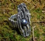 Straw Cast Driftwood Ring with Ravens Wing Pearl Sterling Silver