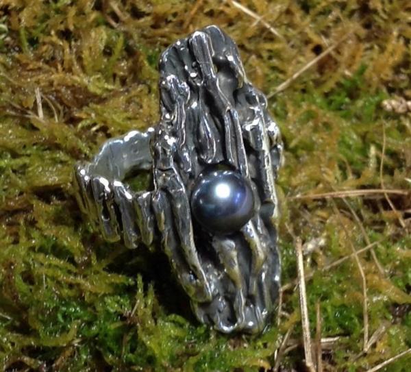 Straw Cast Driftwood Ring with Ravens Wing Pearl Sterling Silver