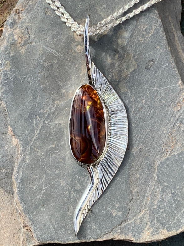 Fire agate and sterling one-of-a-kind pendant
