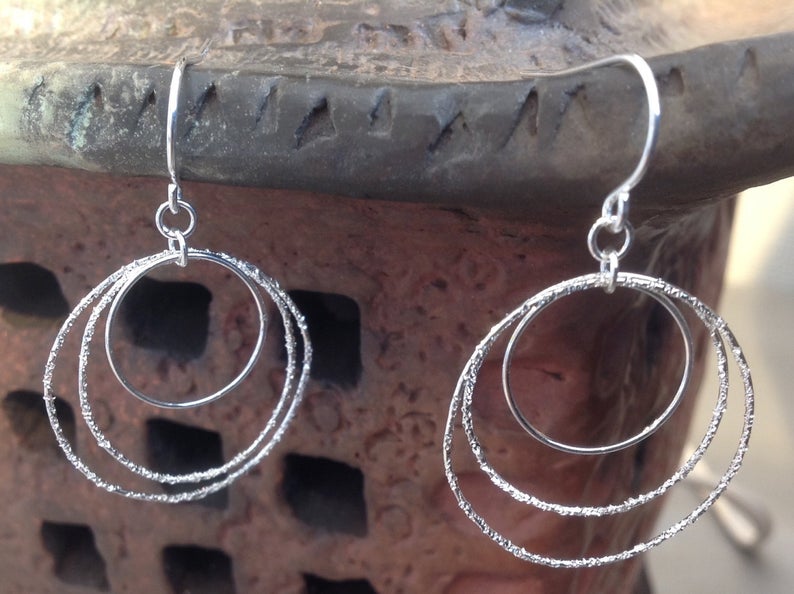 Hoop Earrings triple Sterling Silver diamond pave'tooled picture