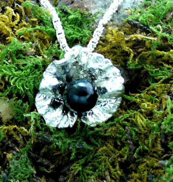 Sterling Silver Geranium Leaf Pendant With Onyx Ball