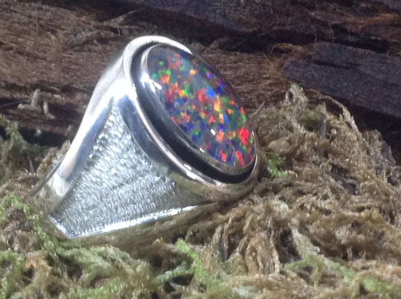 Opal Blue Mosaic Triplet Oval Mans Ring Sterling Silver picture