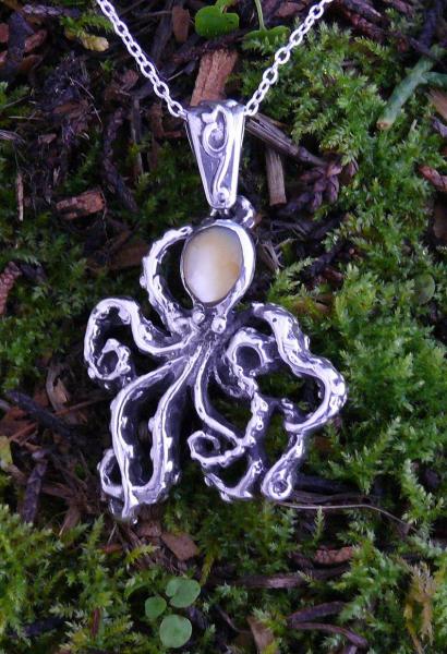 Octopus Pendant Sterling Silver With Gold Lip Mother of Pearl, Kraken, Squid, Octopus picture