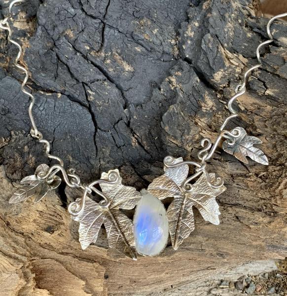 Grape Leaf Necklace Sterling Silver with Rainbow Moonstone