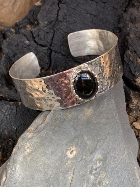 Hammered Sterling Bracelet 3/4" wide with onyx picture