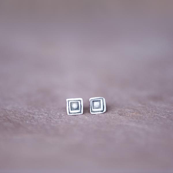 Silver Artisan Geometric Square Stud Earrings. picture