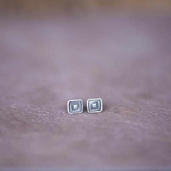 Silver Artisan Geometric Square Stud Earrings. picture