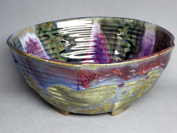 Altered shape serving bowl, purple multi color galze picture