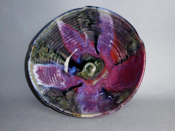 Altered shape serving bowl, purple multi color galze picture