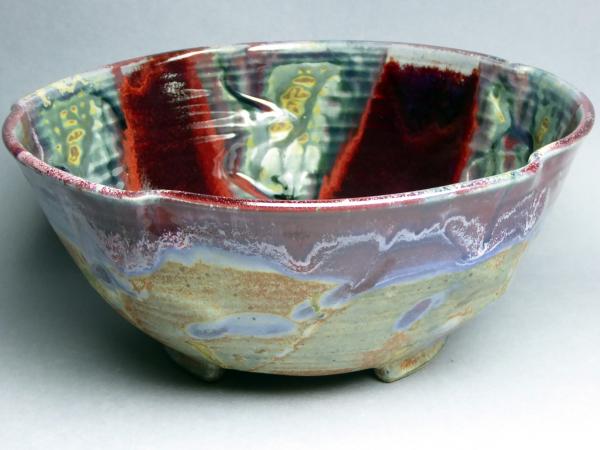 Altered shape serving bowl, red multi color galze picture