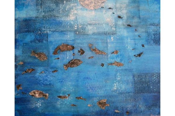 Fine Art Print of Original Mixed Media Collage “Swimming Home” 8” x 10” picture