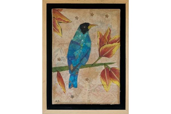 Original Framed Mixed Media Collage on 5&rdquo; x 7&rdquo; Canvas Green Honeycreeper