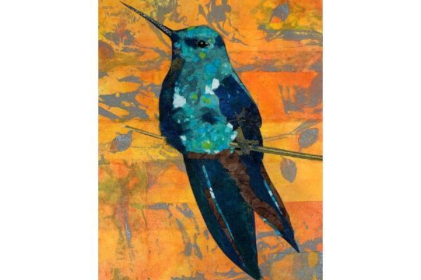 Great Sapphire Wing Hummingbird Fine Art Print of Original Paper Collage 8” x 10”